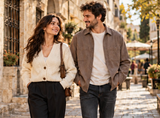 Sokakta yürüyen, yeni sezon krem triko ve taupe overshirt giyen iki model